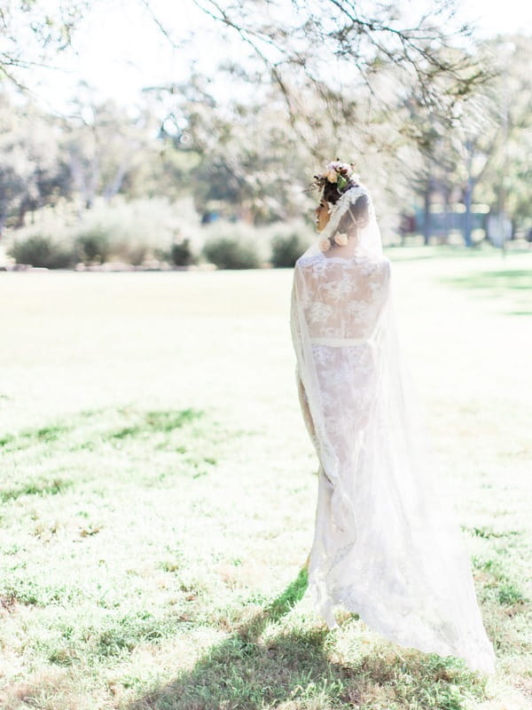 Back of bohemian bride's lace wedding robe