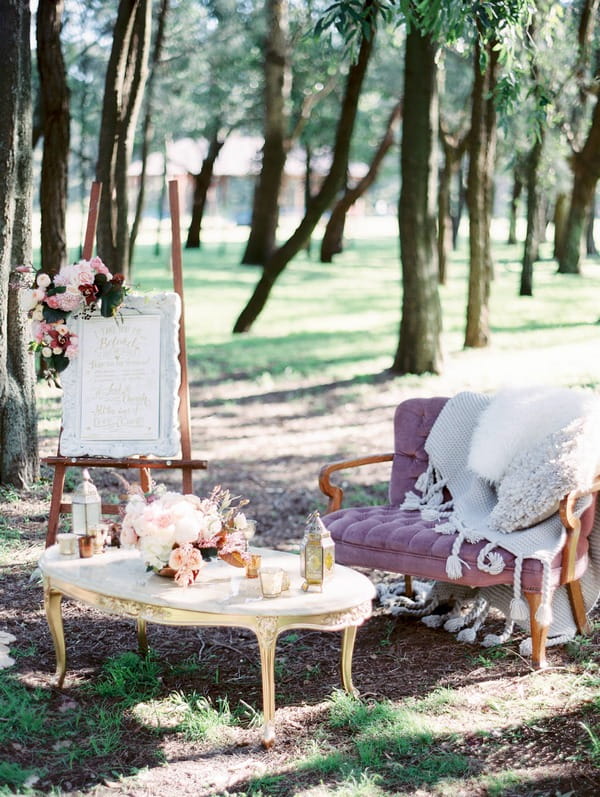 Luxurious bohemian wedding styling in woodland