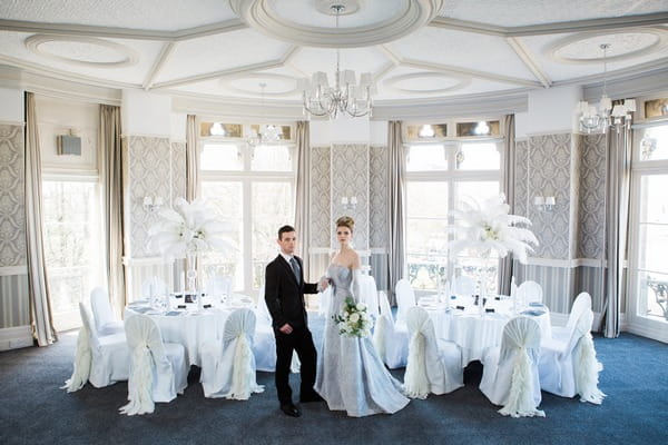 Bride and groom of 1950s glamour wedding shoot at The Duke of Cornwall Hotel