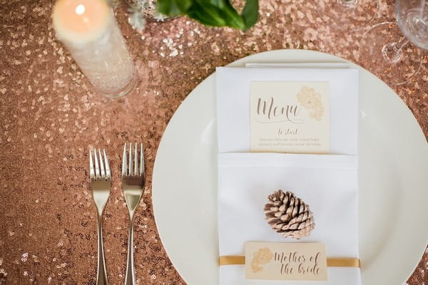 Winter wedding place setting with pine cone