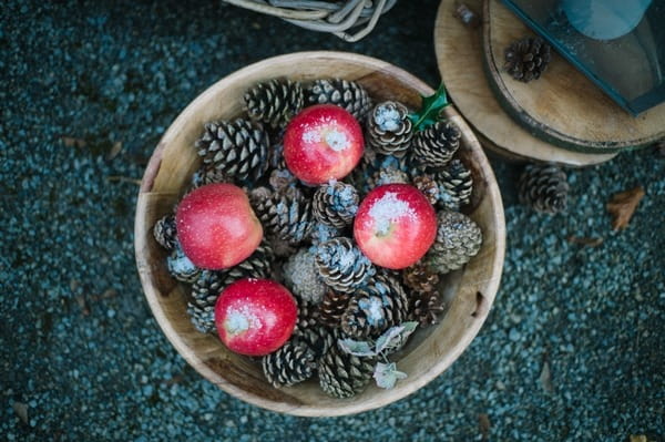 Bowl of pine cones and apples