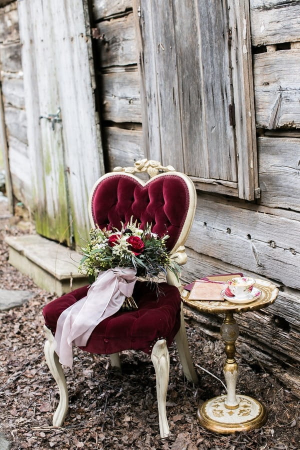 Wedding bouquet on red chair