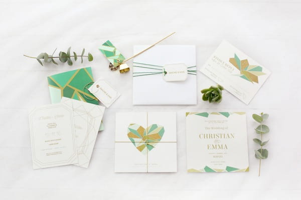 Green and Gold geometric wedding stationery