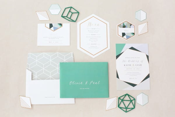 Teal geometric wedding stationery