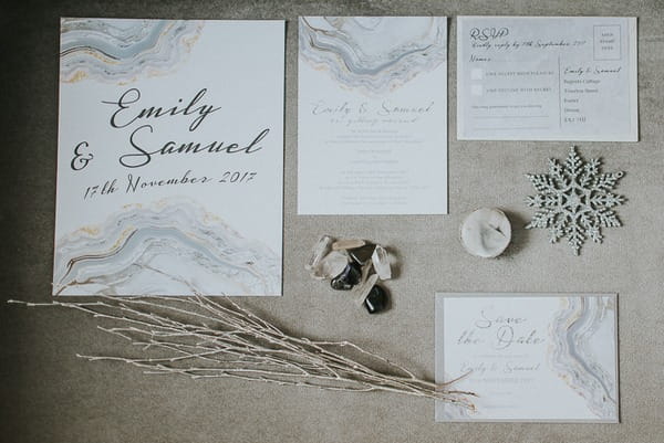 Silver and grey winter wedding stationery