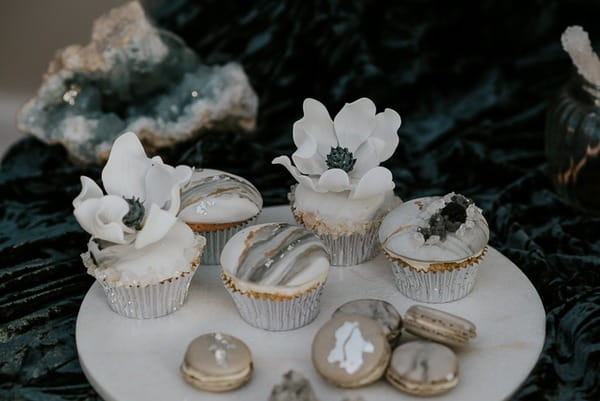 Cupcakes and macaroons with grey detail