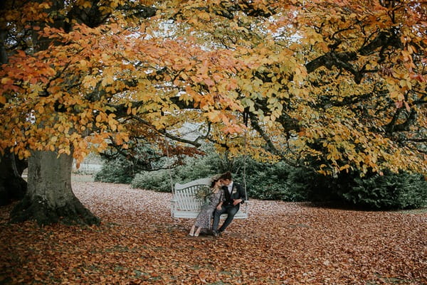 Bride and groom sitting on tree swing