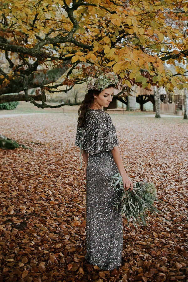 Back of bride's silver sequin wedding dress