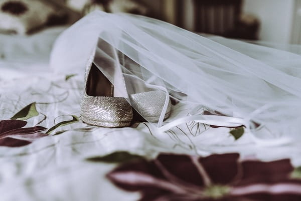 Shoes and veil on bed