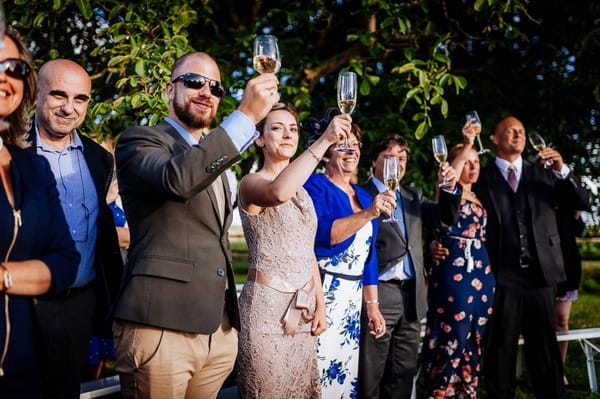 Wedding guests raising glasses for toast