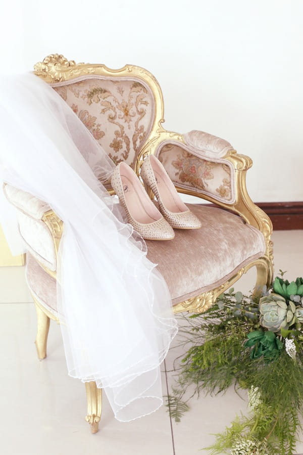 Bridal Shoes and Veil on Chair