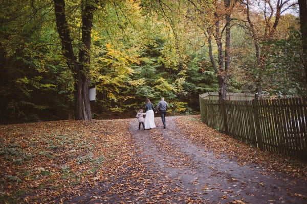 Bride, grrom and flower girl walking through forest clearing