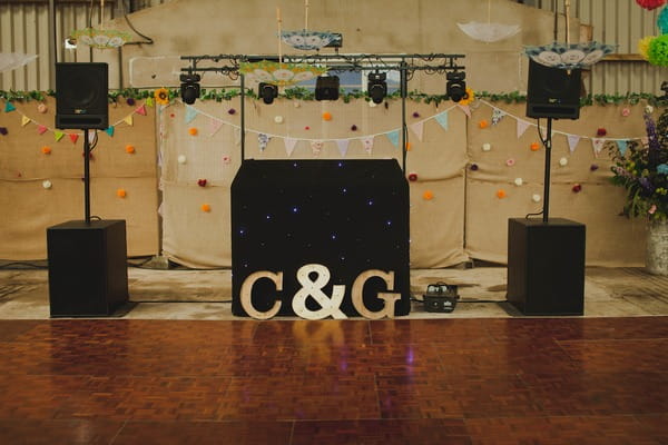 DJ equipment and dance floor at wedding