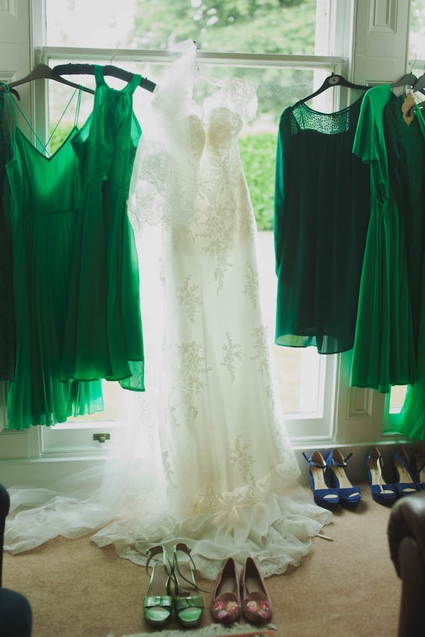 Wedding dress and green bridesmaid dresses