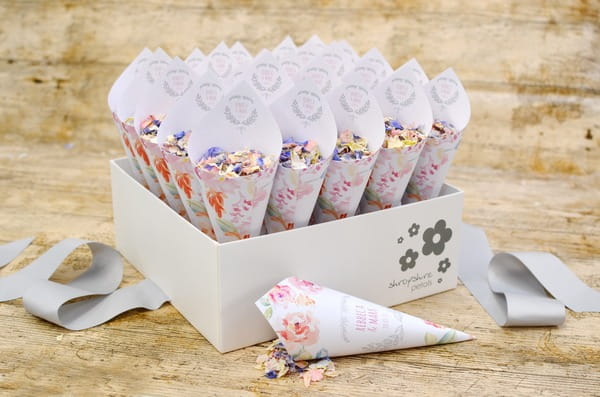 Shropshire Box of Cottage Garden Theme Personalised Confetti Cones