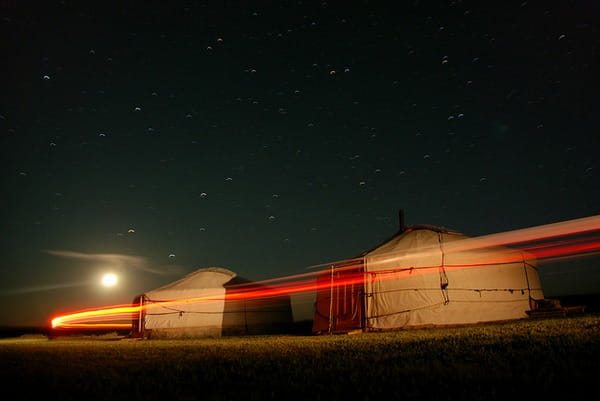 Glamping yurts at night