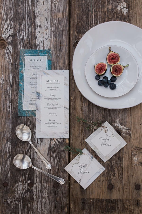 Wabi-sabi wedding place cards and menu