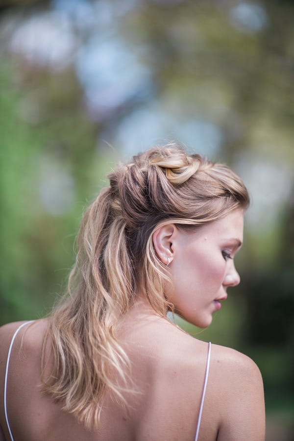 Side of bride's half up half down hairstyle