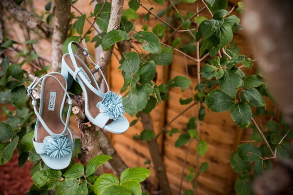 Bridal shoes hanging from branches