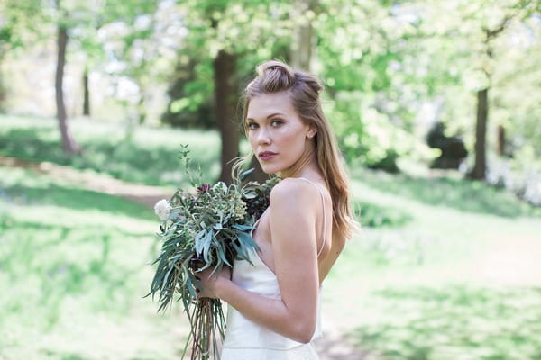 Bride looking over shoulder