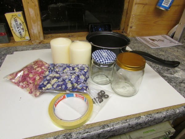 Items needed to make a DIY petal candle