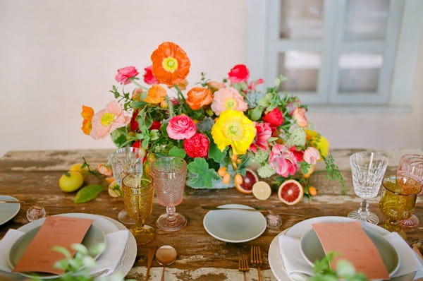 Bright and colourful elopement table flowers and decor