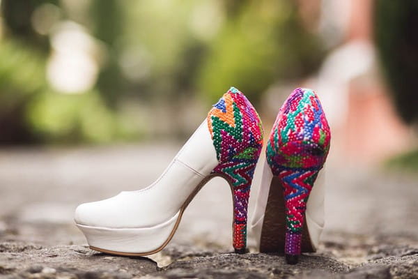 Bridal shoes with bright stitched patterned heel