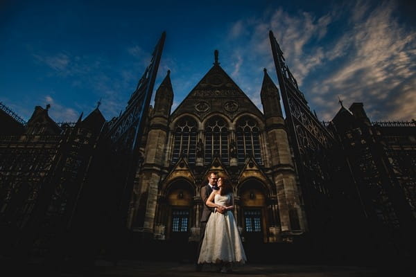 Bride and groom outside The Arkwrite Rooms - Picture by HBA Photography