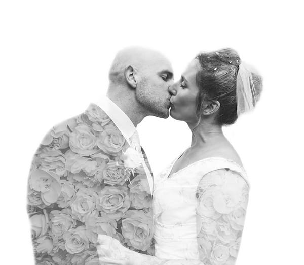 Bride and groom kissing with flowers superimposed into the picture - Picture by Tracey Warbey Photography