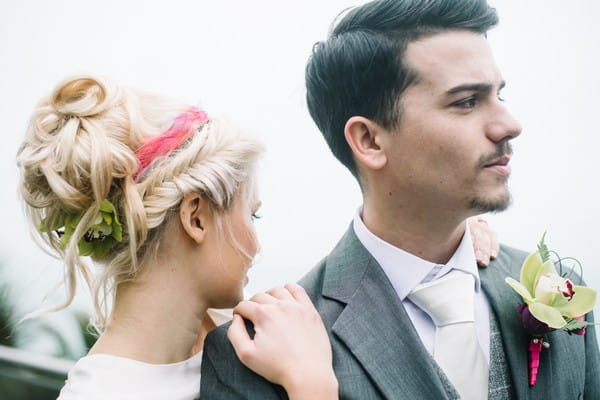 Bride's updo with pink hairband