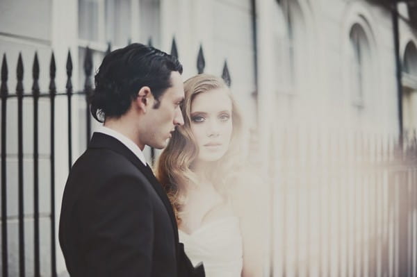 Groom with Bride with Hollywood Glamour Waves Hairstyle