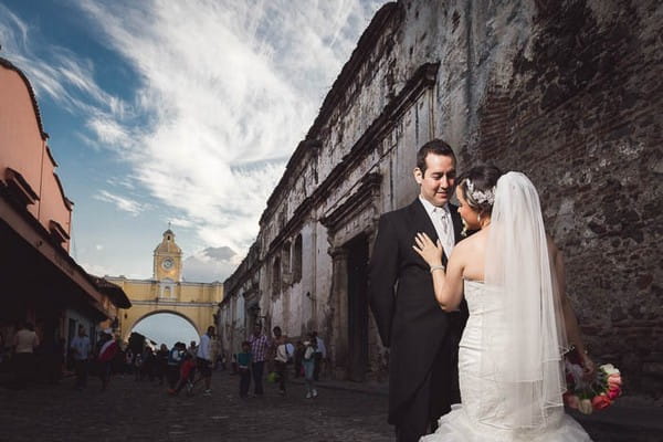 Bride and groom on the streets of Antigua, Guatemala