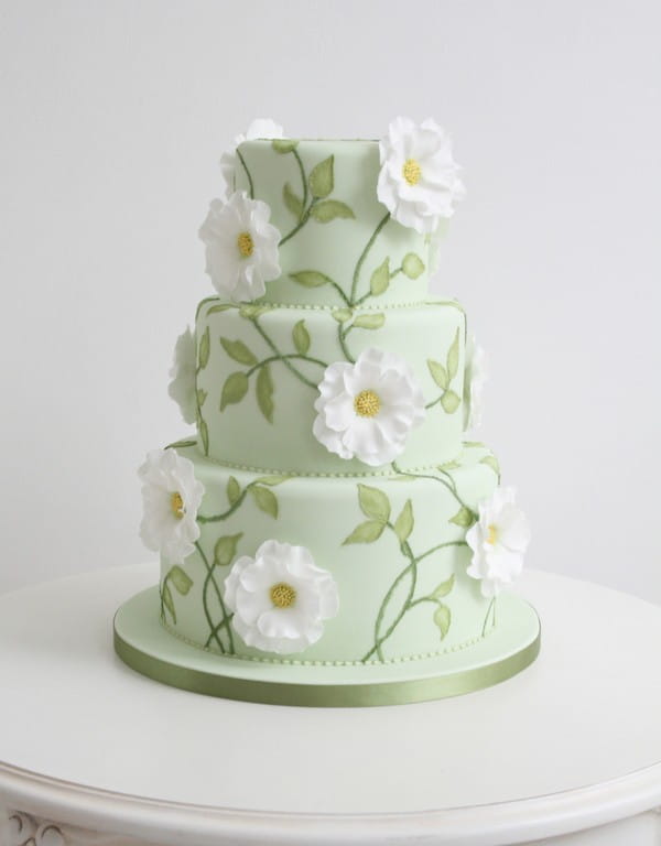 Green Coloured Wedding Cake with Leaves and Flower Detail