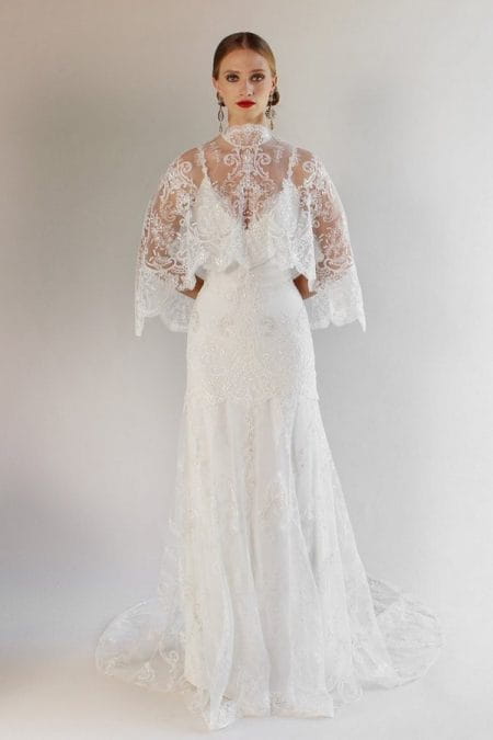 Santa Monica Wedding Dress with Cape from the Claire Pettibone Romantique California Dreamin' 2017 Bridal Collection