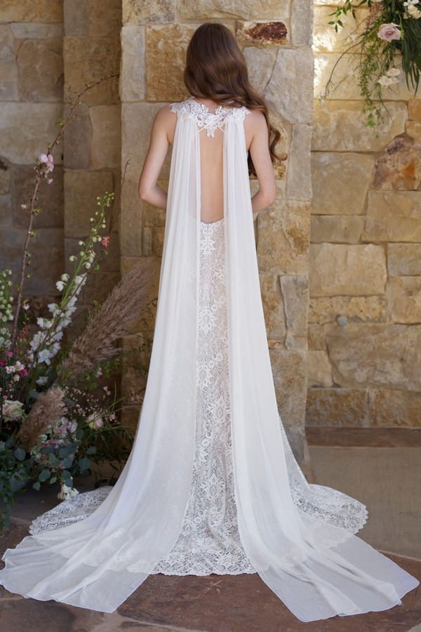 Back of Saratoga Wedding Dress with Cape from the Claire Pettibone Romantique The Vineyard Collection 2018