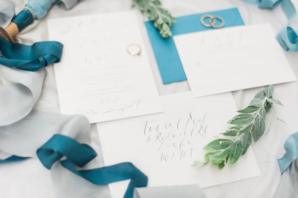 Wedding stationery with blue envelopes