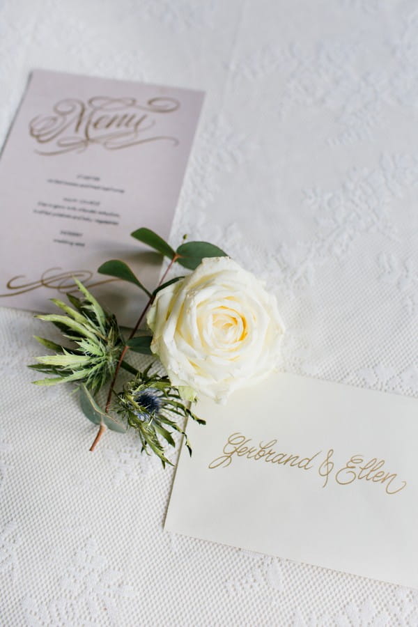 White rose and Art Nouveau style wedding stationery