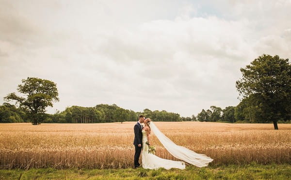Bride and groom kissing in front of field of wheat - Picture by James Andrew Photography