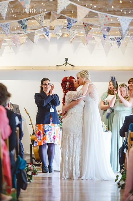 Brides kissing