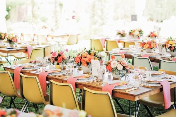 Colourful Wedding Table Flowers in Marquee
