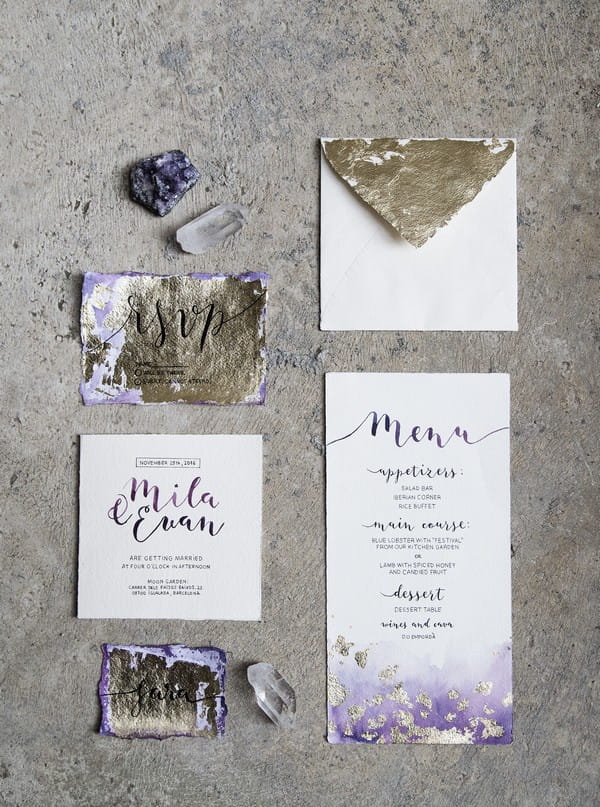 Gold and purple Amethyst inspired wedding stationery