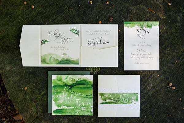 Green watercolour wedding stationery