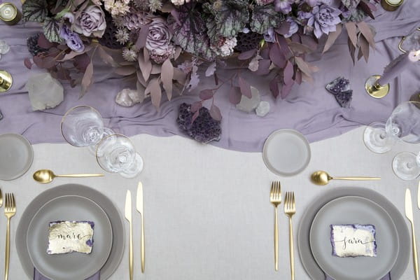 Amethyst inspired purple and gold wedding table styling