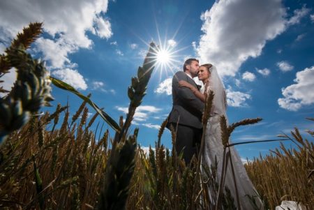 Groom kissing bride on head in wheat field as sun shines overhead - Picture by Kimberley Hill Photography