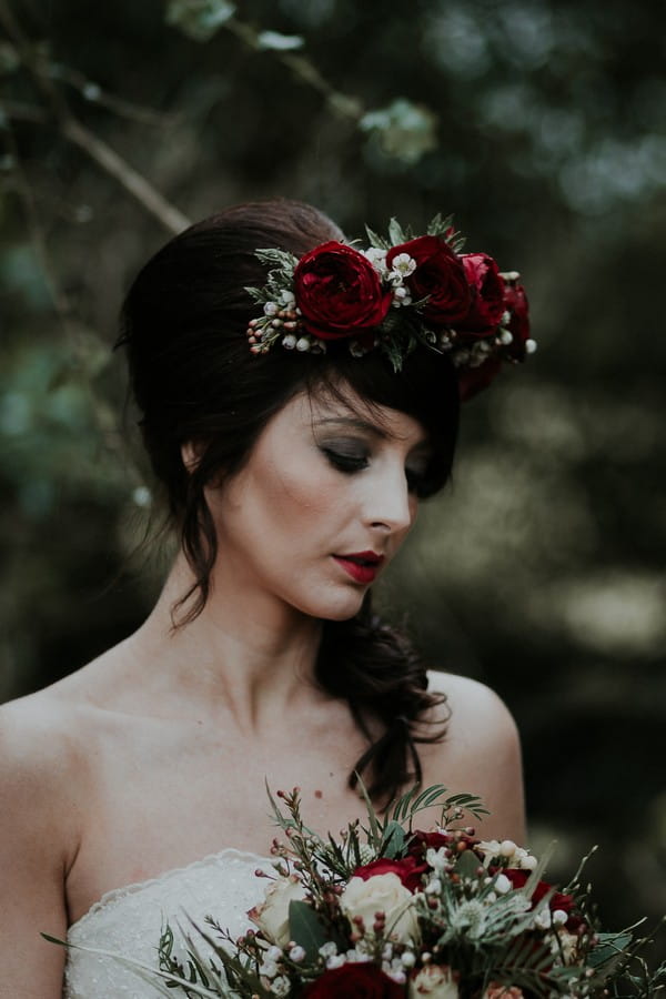 Bride wearing rose flower crown