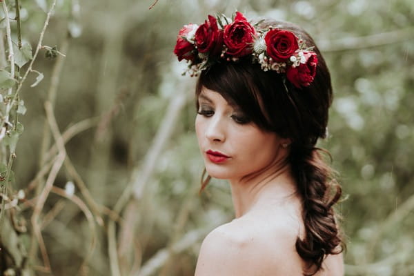 Bride with rose flower crown and ponytail