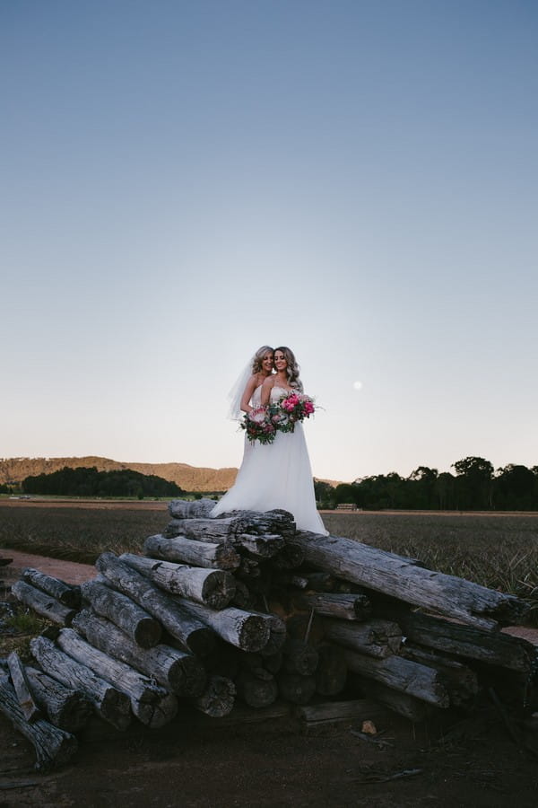 Two brides standing on pile of logs