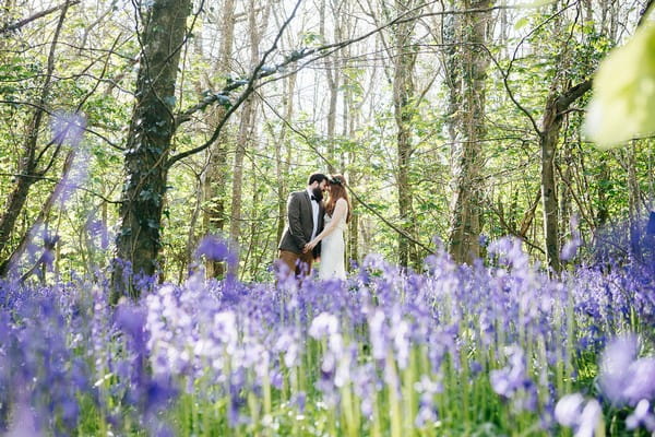 Bride and groom touching heads standing in bluebells