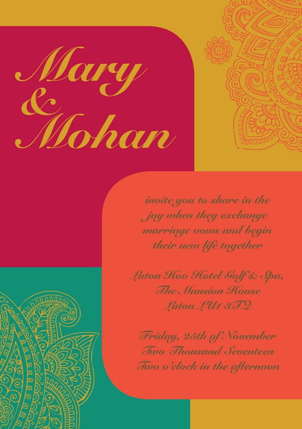 Pink, Orange, Green and Yellow Autumn Arrivals Indian Wedding Invitation