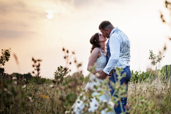 Bride and groom kissing in a field - Picture by Kevin Lines Photography